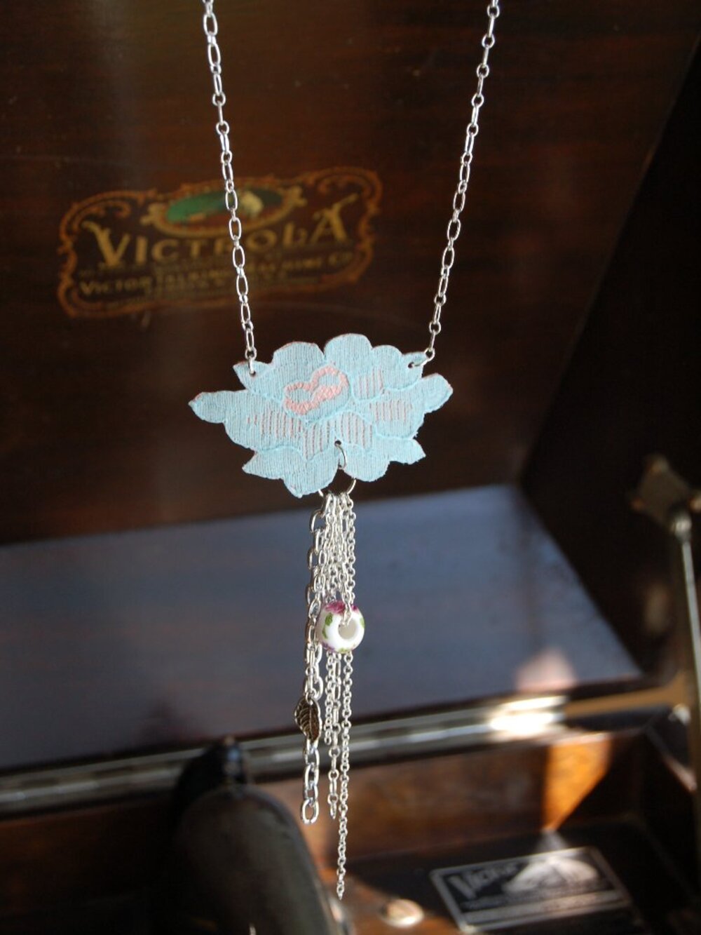 Feminine teal lace on upcycled leather necklace - Elegant floral lace